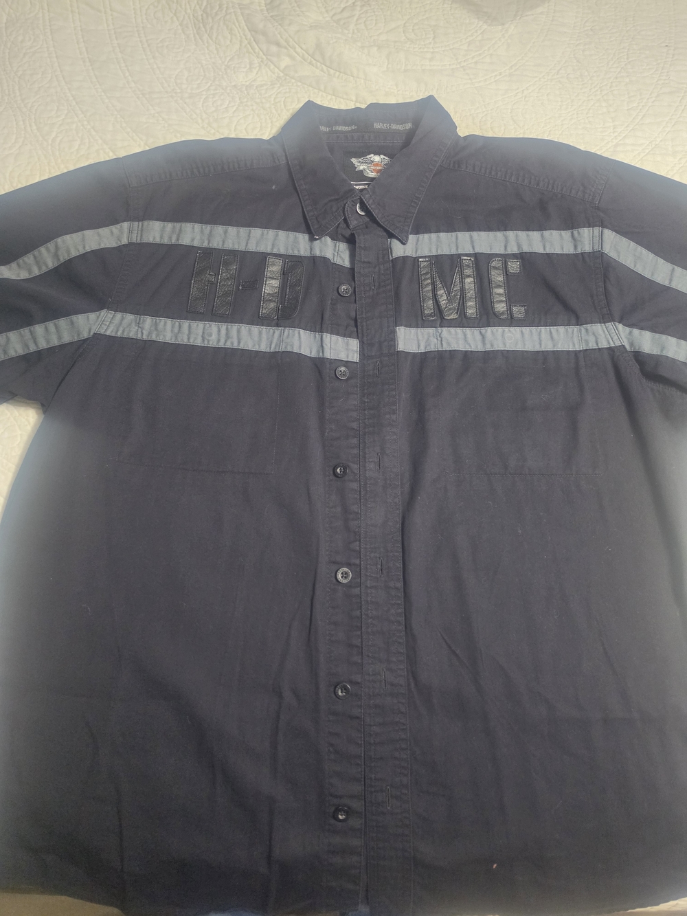 Harley-Davidson Black Short-Sleeve Button-Up Shirt with Gray Reflective Stripes